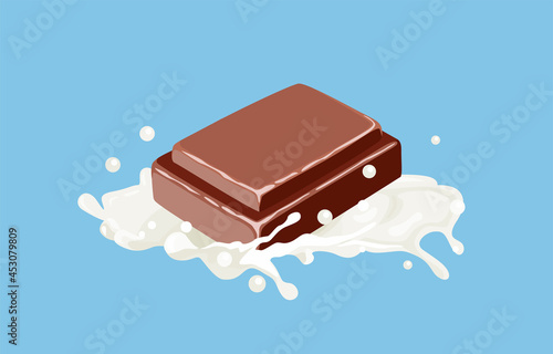 Chocolate bar and milk splash isolated. Vector illustration in cartoon flat style.