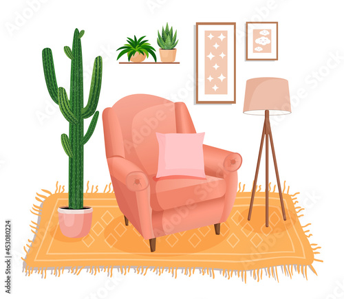 Cute interior with modern furniture and plants. Design of a cozy room with soft armchair, pillow, wall pictures, carpet, lamp. Living room interior. Vector flat style illustration.