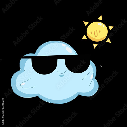 a joyful cloud with handles in sunny black glasses with a bright smiling sun friends