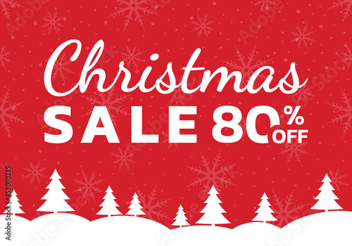Christmas sale banner with 80 percent price off. Discount Xmas card, promotion poster, flyer design. Winter landscape with fir trees and snowflake background. Vector illustration.