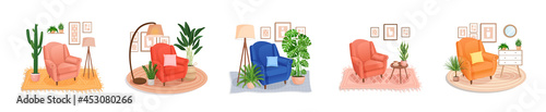 Set of cute interiors with an armchair. Cute interior with modern furniture and plants. Living room interior. Vector flat style illustration. Trendy scandinavian hygge apartment. Collection.