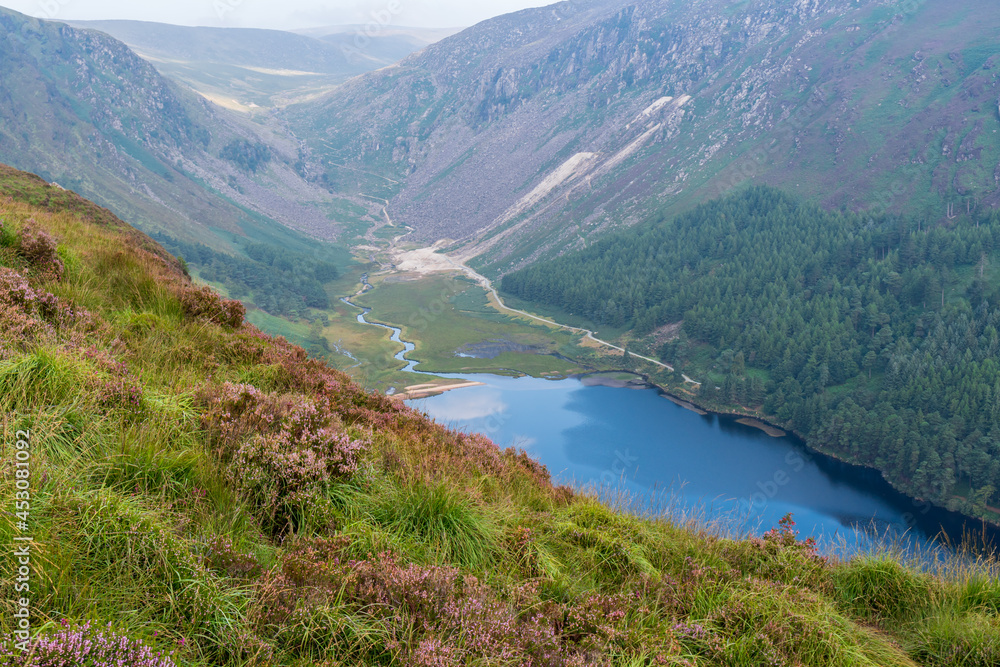 View over the Glendalough Upper Lake and Glenealo Valley on a hazy summer morning in Wicklow Mountains, Ireland.