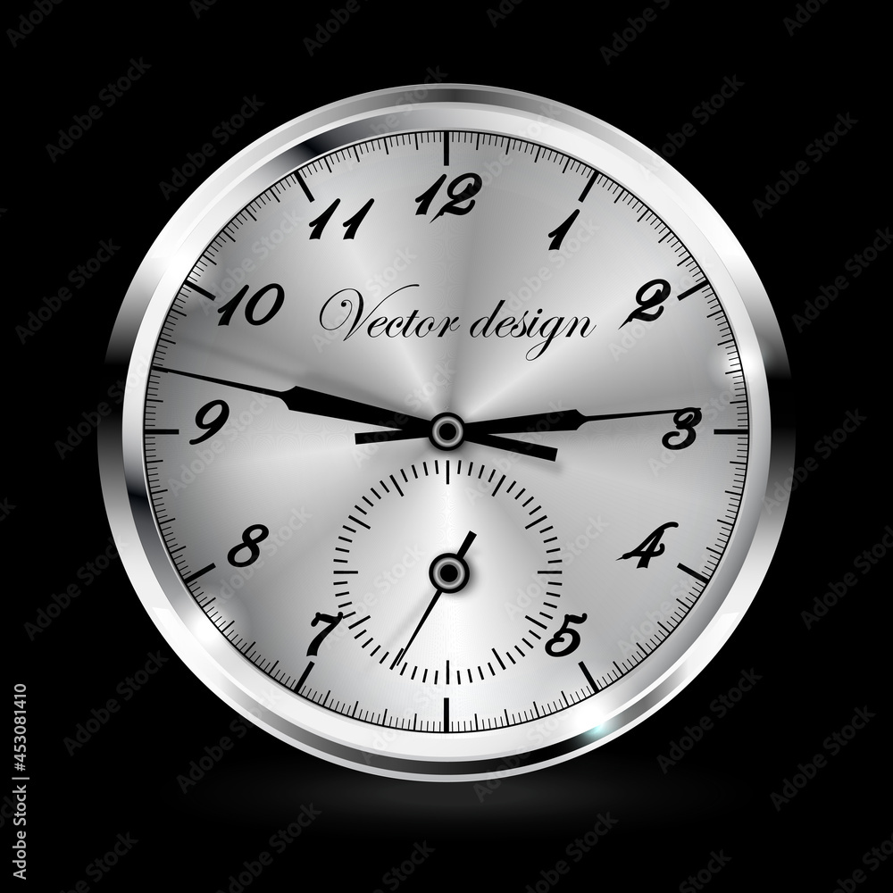 Vector 3d realistic chrome wall office clock icon isolated. Metallic dial. Close-up wall clock design template. Layout for branding and advertising. Top, front view Vector 3d realistic chrome wall office clock icon isolated. Metallic dial. Close-up wall clock design template. Layout for branding and advertising. Top, front view