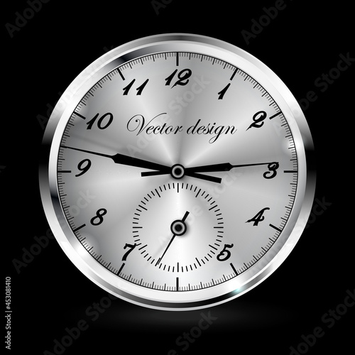 Vector 3d realistic chrome wall office clock icon isolated. Metallic dial. Close-up wall clock design template. Layout for branding and advertising. Top, front view