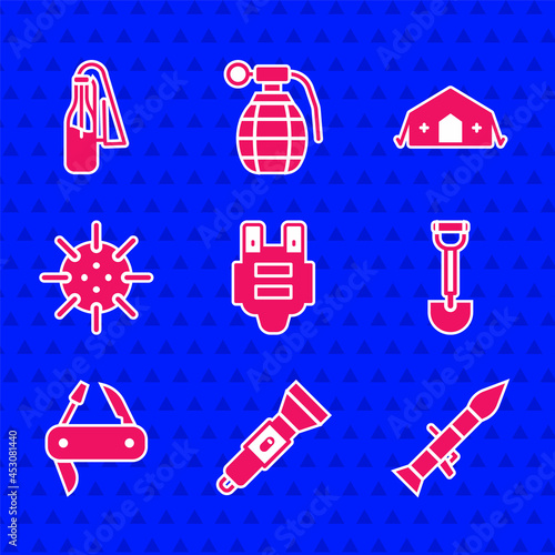 Set Bulletproof vest, Flashlight, Rocket launcher, Sapper shovel, Swiss army knife, Naval mine, Military medical tent and Cocktail molotov icon. Vector