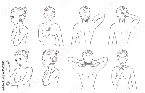 Woman pressing acupressure points on neck, elbow, head, breast to relieve pain and muscle tension, vector illustration.