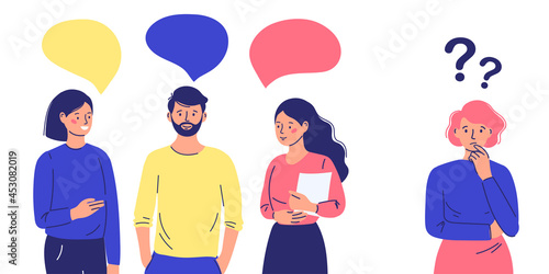 group of people condemn, avoid the outcast man. introvert in society. vector illustration