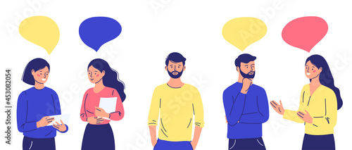 A group of people communicates, ignoring an introverted, outcast man. Human rejection, outcast, introvert.