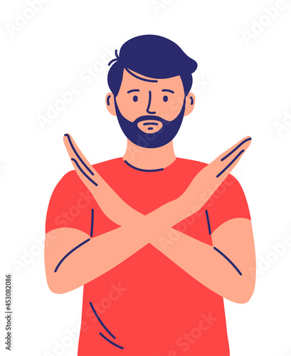 The person says no with a gesture of denial, expression, angry, grumpy, prohibition.