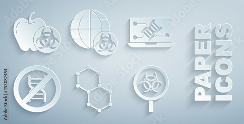 Set Chemical formula, Genetic engineering modification, Stop GMO, Biohazard and magnifying glass, and Genetically modified apple icon. Vector