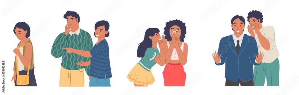 People gossiping, whispering, spreading rumors pointing at passing sad girl, vector illustration. People gossiping, whispering, spreading rumors pointing at passing sad girl, vector illustration.