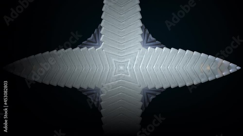 Abstract 3d render waves flow towards central steel cross. Chrome plated geometric tracery in futuristic industrial decoration. Modern corrugated structure with rotation.
