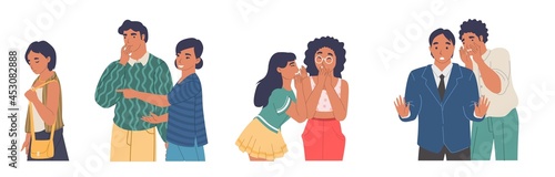 People gossiping, whispering, spreading rumors pointing at passing sad girl, vector illustration.