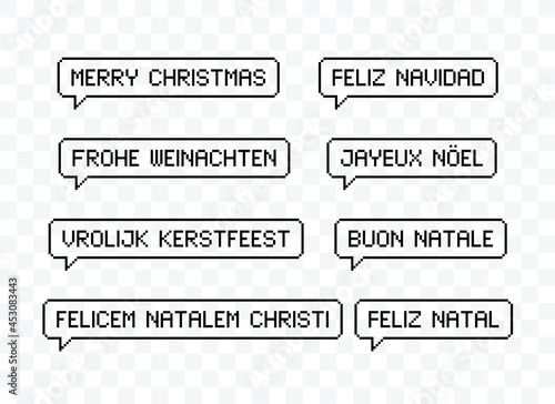 Merry christmas speech 8 bit pixel art bubble with different language.