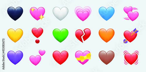Heart Color Set Icons vector illustrations. Set of Hearts in different colors and types