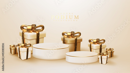 3d realistic gift box with golden ribbon surround white podium, modern luxury background, festival backdrop design for placing products sample for sale or advertising. vector illustration.