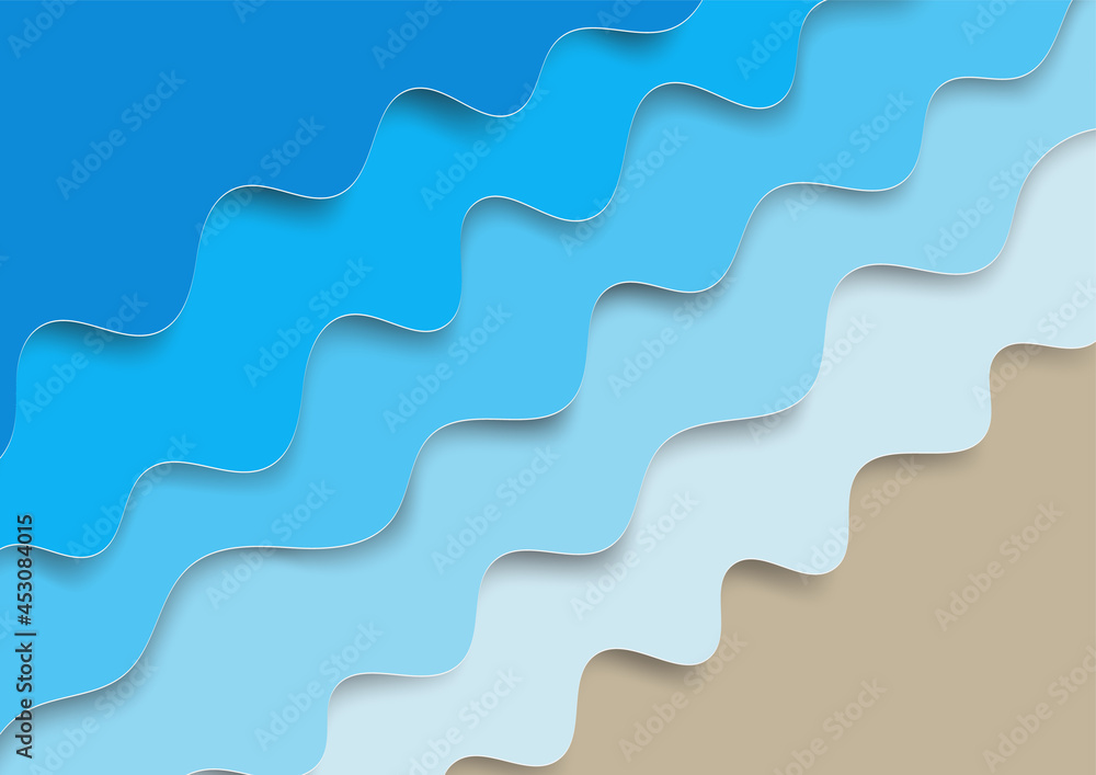Blue water wave texture abstract background, paper art vector illustration