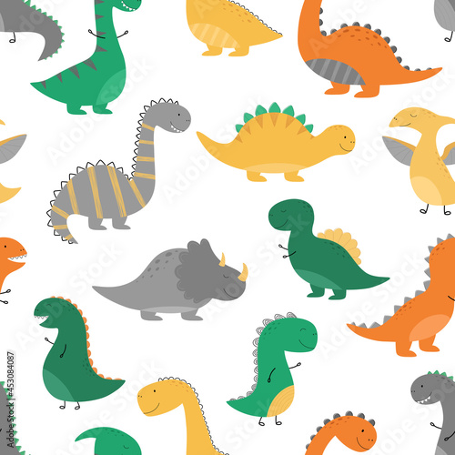 Seamless dino pattern. Funny dinosaurs in a cartoon style. Vector illustration. Suitable for printing on fabric  wallpaper  wrapping paper