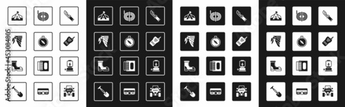 Set Hunter knife, Compass, Bandana or biker scarf, Tourist tent, Walkie talkie, Climber rope, Camping lantern and boots icon. Vector