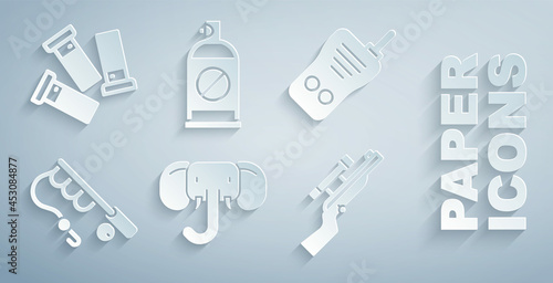 Set Elephant, Walkie talkie, Fishing rod, Sniper rifle with scope, Spray against insects and Cartridges icon. Vector