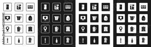 Set Gas stove, Measuring cup, Chef hat with location, Refrigerator, Kitchen timer, Electric mixer, Slow cooker and icon. Vector