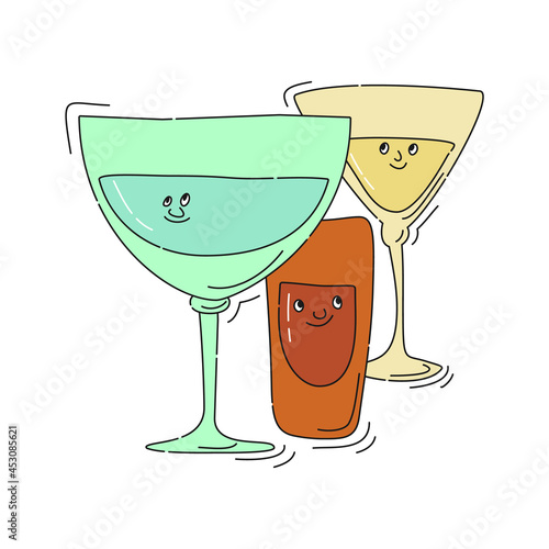 Martini rum vermouth glassware with smile face on white background. Cartoon sketch. Doodle style with black contour line. Cute hand drawn glass. Party drinks concept. Kawaii freehand drawing style