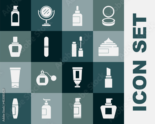 Set Cream or lotion cosmetic tube, Lipstick, Nail file, Perfume, Spray can for hairspray and Mascara brush icon. Vector