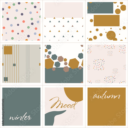 A set of seamless patterns in warm and cold colors. Triangles, circles, lines, polyhedrons. Geometric simple shapes. Place for an inscription. Vector set for textiles, printing on paper.
