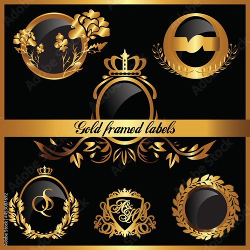 Set of luxury decorative labels in a gold frame. Vintage vector labels. Cliparts with branches, flowers, crown. Place for an inscription. Labels for weddings, holidays, invitations, packaging.