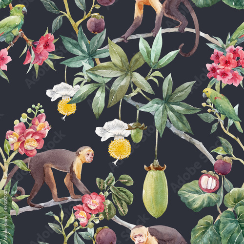 Photography Beautiful seamless tropical floral pattern with cute hand drawn watercolor monkey and exotic jungle flowers