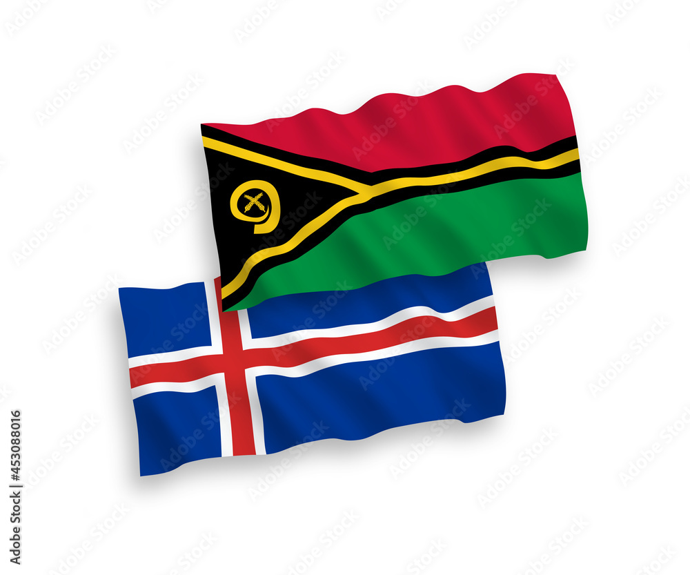 National vector fabric wave flags of Republic of Vanuatu and Iceland isolated on white background. 1 to 2 proportion. National vector fabric wave flags of Republic of Vanuatu and Iceland isolated on white background. 1 to 2 proportion.