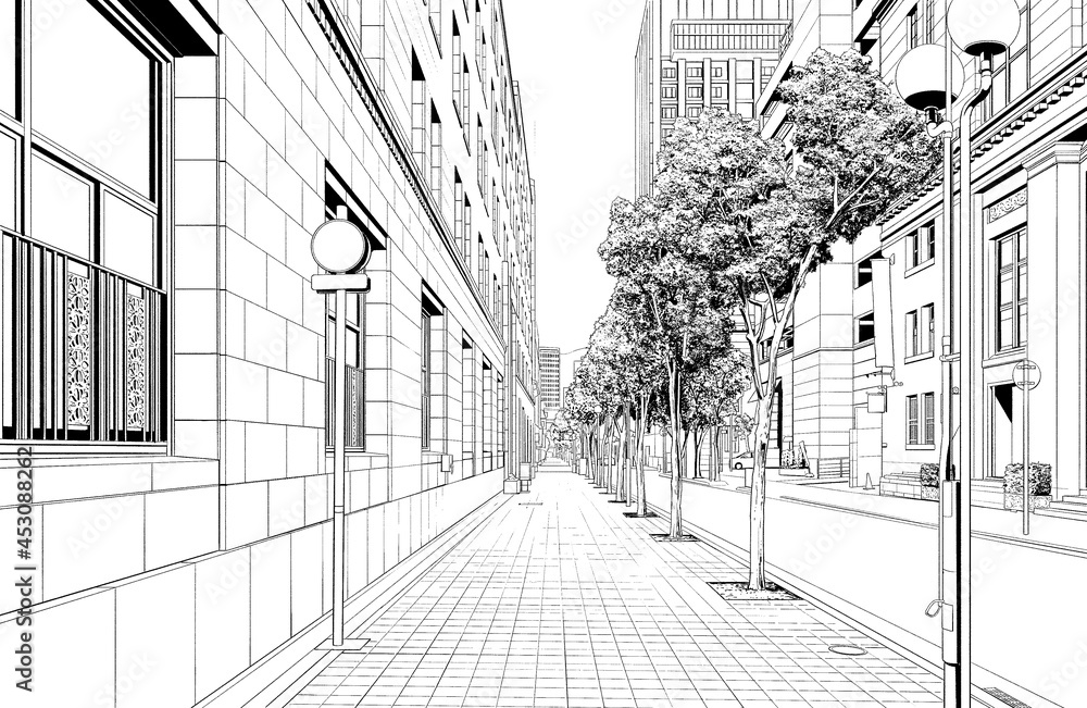 漫画風ペン画イラスト 繁華街_街並 漫画風ペン画イラスト 繁華街_街並