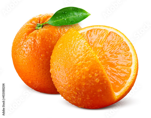 Orange fruit isolate. Wet orange fruit with drops. Whole orang with slice and leaf on white background. Full depth of field.