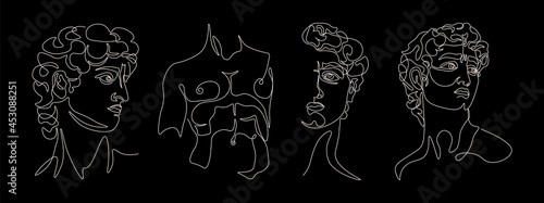 One line ancient greek sculptures. Greece mythology statues hand drawn single continuous line, David torso head. Modern vector art