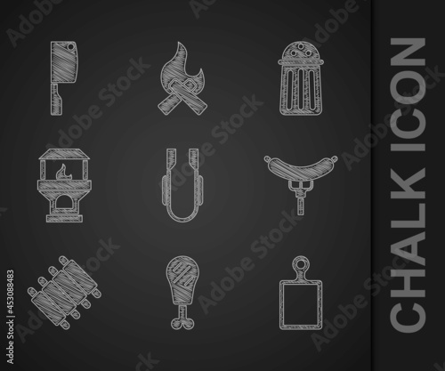 Photo Set Meat tongs, Chicken leg, Cutting board, Sausage the fork, Grilled pork bbq ribs, Brick stove, Salt and chopper icon