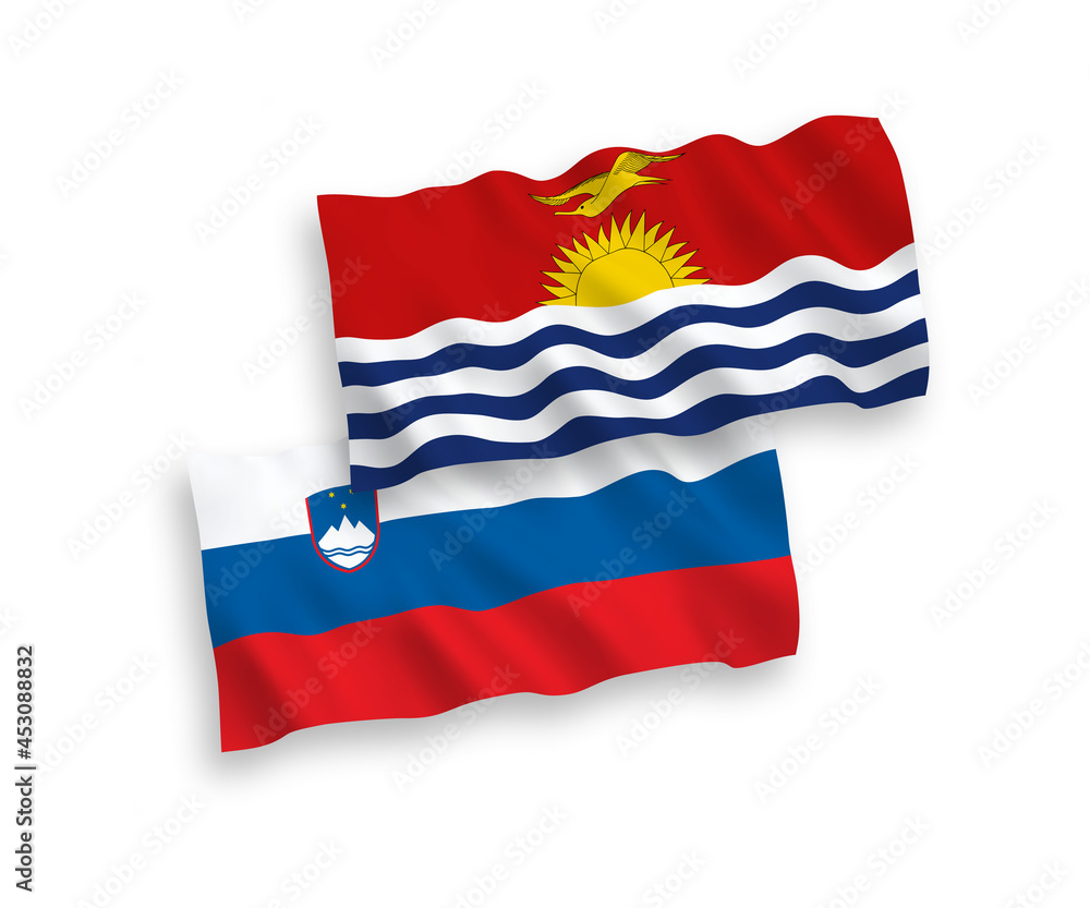 National vector fabric wave flags of Slovenia and Republic of Kiribati isolated on white background. 1 to 2 proportion. National vector fabric wave flags of Slovenia and Republic of Kiribati isolated on white background. 1 to 2 proportion.