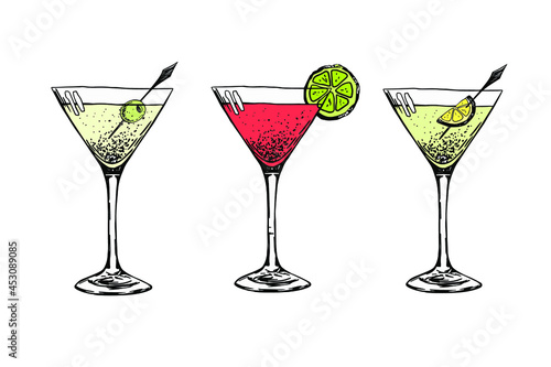 Drinks set. Martini, cosmopolitan, daiquiri. Hand drawn sketch. Stock vector illustration.