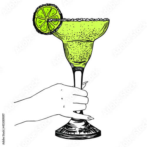 Glass of margarita in woman hand. Hand drawn sketch, engraving. Stock vector illustration.