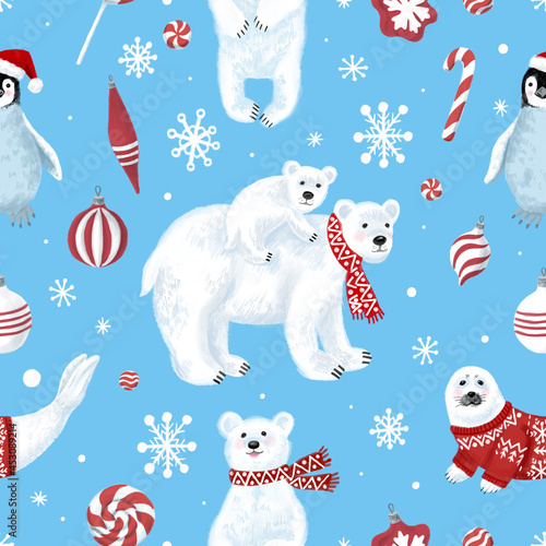 Penguin, seal, polar bear with baby on a blue background.