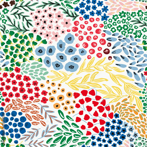 Various botany elements seamless repeat pattern. Random placed, different vector plants like leaves, flowers, herbs, branches and grass all over surface print on white background.