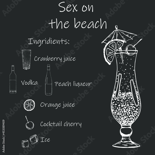 Drink recipe. Sex on the beach. Stock vector illustration