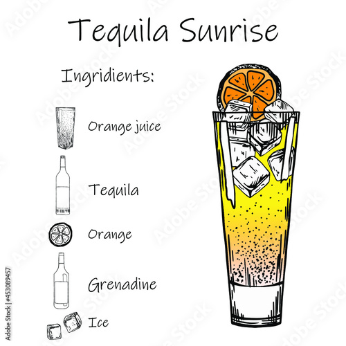 Drink recipe. Tequila Sunrise. Stock vector illustration