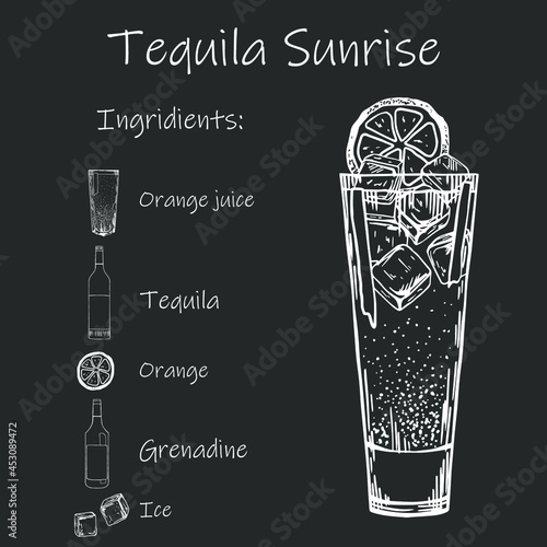Drink recipe. Tequila Sunrise. Stock vector illustration