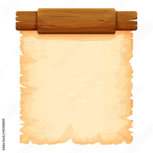 Wood planks with parchment paper in cartoon style isolated on white background. Frame, medieval panel, menu. Empty gui asset, signboard.