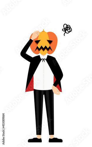 ハロウィンの仮装、カボチャのお化け姿の男の子が頭に手を当てて困っているポーズ