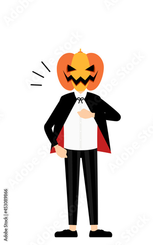ハロウィンの仮装、カボチャのお化け姿の男の子が胸を叩いているお任せあれのポーズ