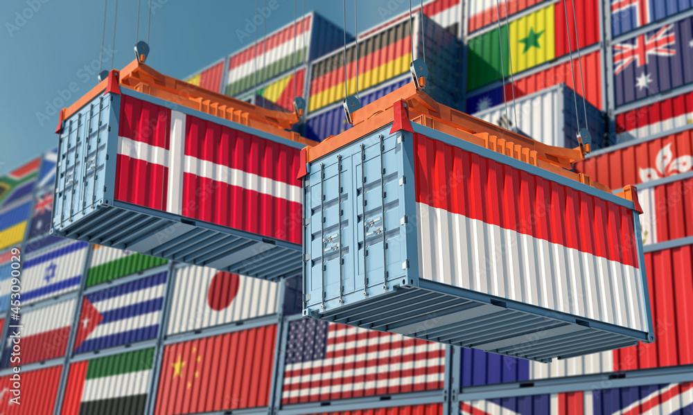 Freight containers with Denmark and Indonesia national flags. 3D Rendering 
