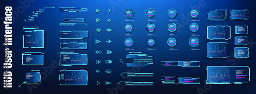Futuristic user interface elements button, frame, arrow. Holographic elements of the hud user interface, futuristic hologram panels with windows  HUD elements display
