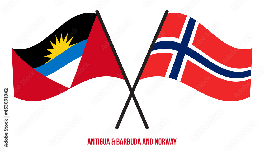 Antigua & Barbuda and Norway Flags Crossed & Waving Flat Style. Official Proportion. Correct Colors.