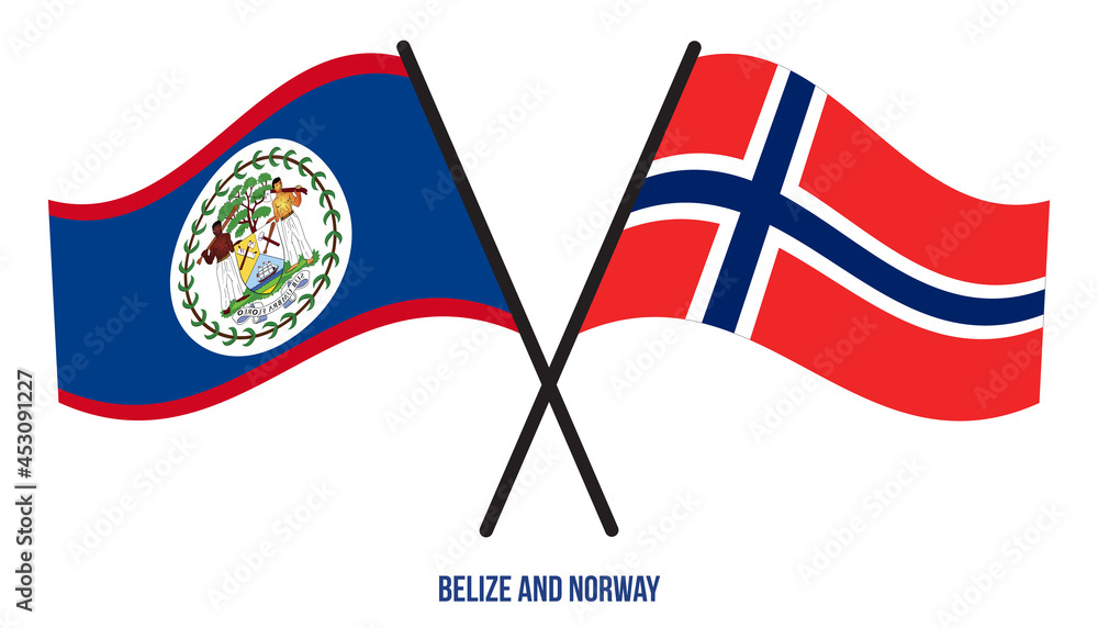 Belize and Norway Flags Crossed And Waving Flat Style. Official Proportion. Correct Colors.